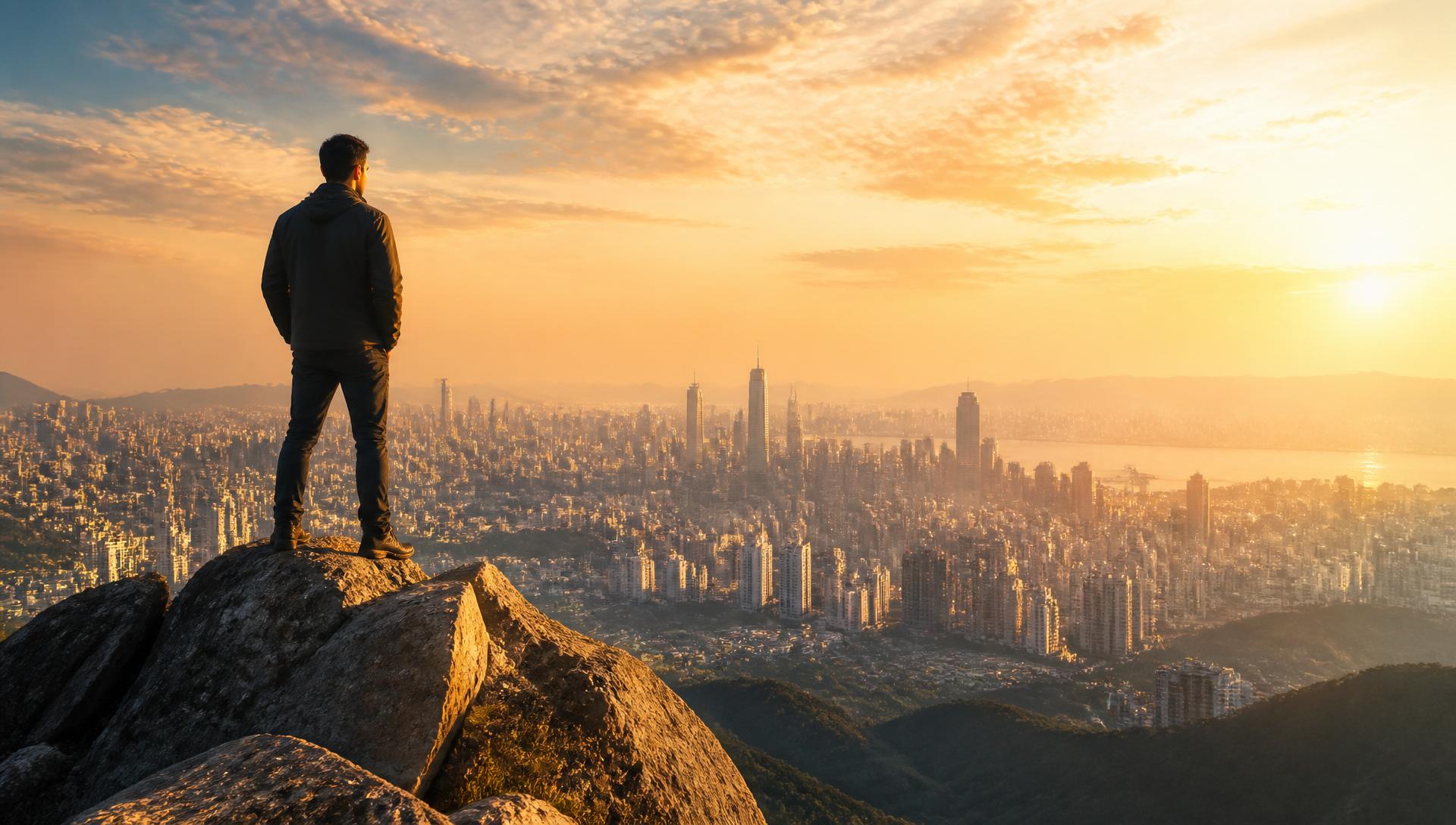Homem no topo da montanha observando a cidade ao amanhecer